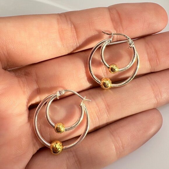 Two Tone Sterling Silver 925 Gold Bead Double Hoop Earrings Size 1" Length - Picture 3 of 7